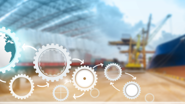 image of factory with icons representing the supply chain in the foreground of the image