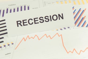 Inscription recession and downward graphs representing financial crisis caused by coronavirus. Risk of global recession around world. Covid-19. 2019-nCoV