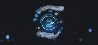 Hands protecting digital document with compliance icons on dark background. Futuristic legal and data security concept illustrating digital regulations